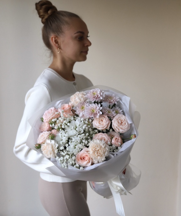 Букет кремовый с гипсофилой №1691 Букет кремовый с гипсофилой №1691