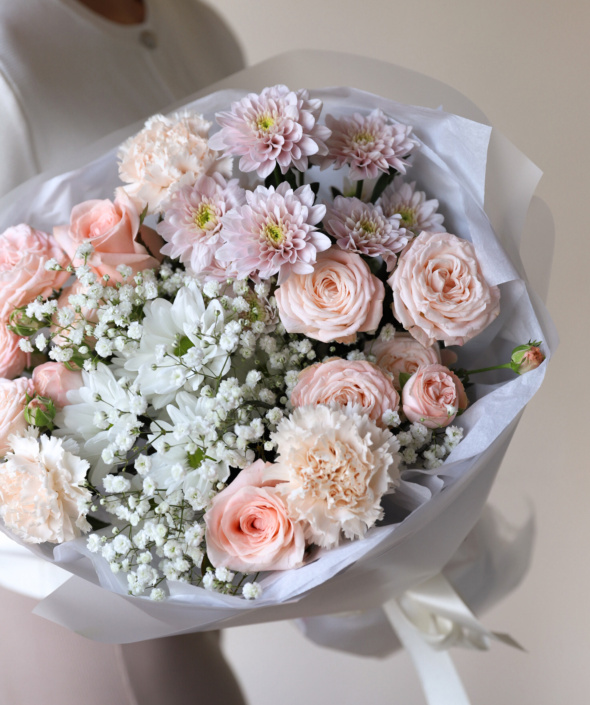 Букет кремовый с гипсофилой №1691 Букет кремовый с гипсофилой №1691