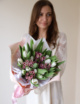 Дуобукет из гладких тюльпанов и хамелациума №2145