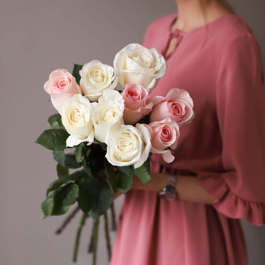 Белые и розовые розы в ленту (9 шт) №1030 - Фото 3