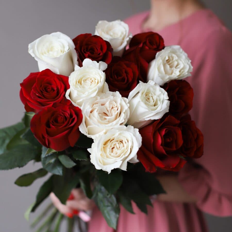 Красные и белые розы в ленту (15 шт) №1034 - Фото 2