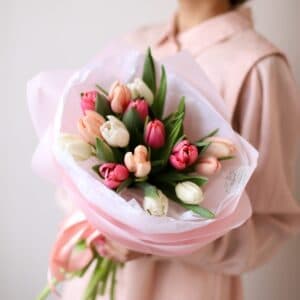 15 тюльпанов в нежно-розовом оформлении (Голландия) №1243 - Фото 3