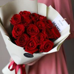 Красные розы в фисташковом оформлении (Россия, 15 шт) №904 - Фото 6
