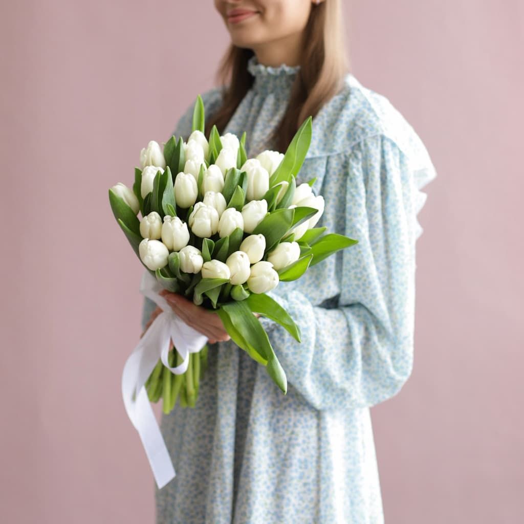 Белые тюльпаны в ленту (31 шт) №1853 - Фото 50