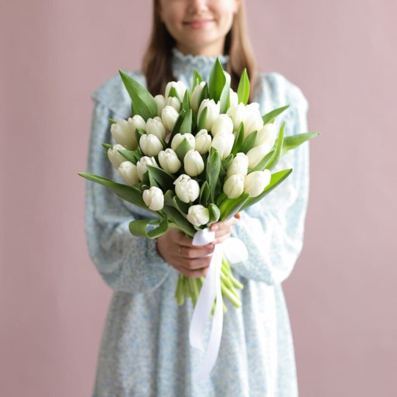 Белые тюльпаны в ленту (31 шт) №1853 - Фото 49