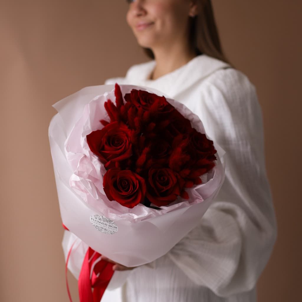 Букет с красными розами и сухоцветами №1834 - Фото 2