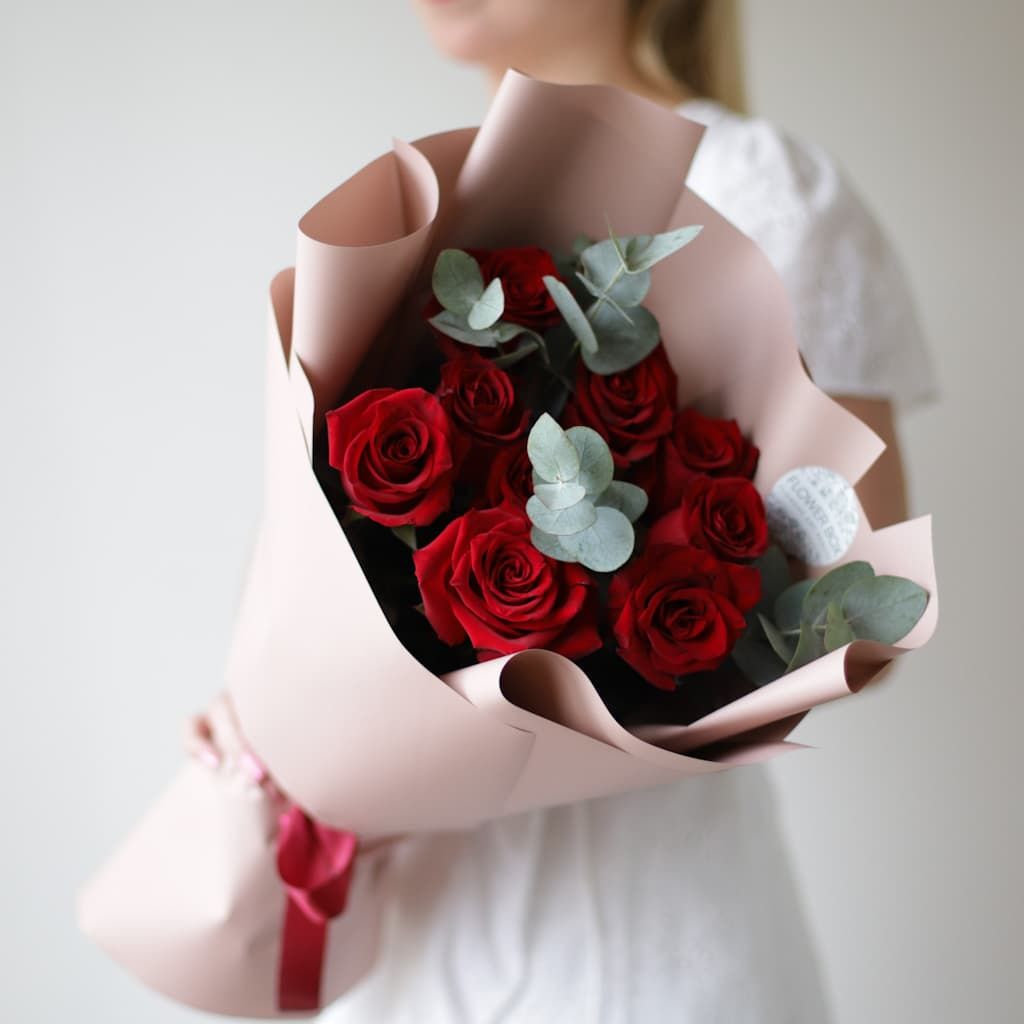 Красные розы с эвкалиптом (9 шт) №1692 - Фото 17