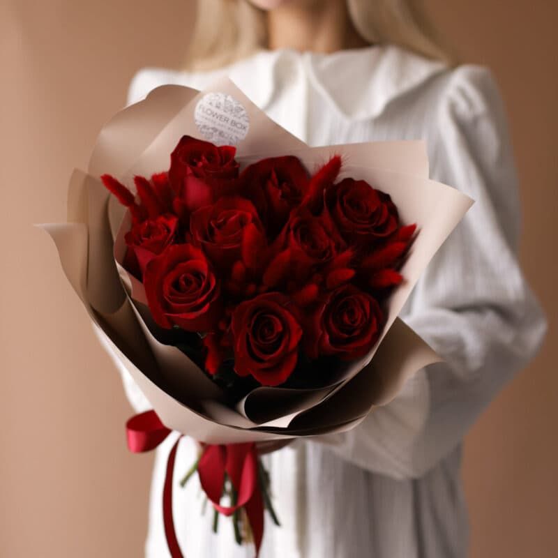 Красные розы с лагурусом №1842 - Фото 21