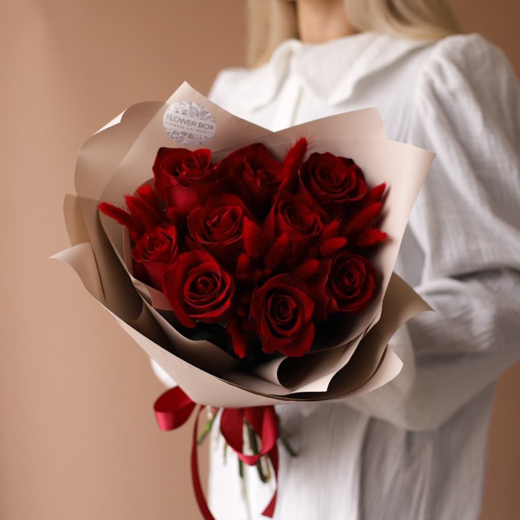 Красные розы с лагурусом №1842 - Фото 2