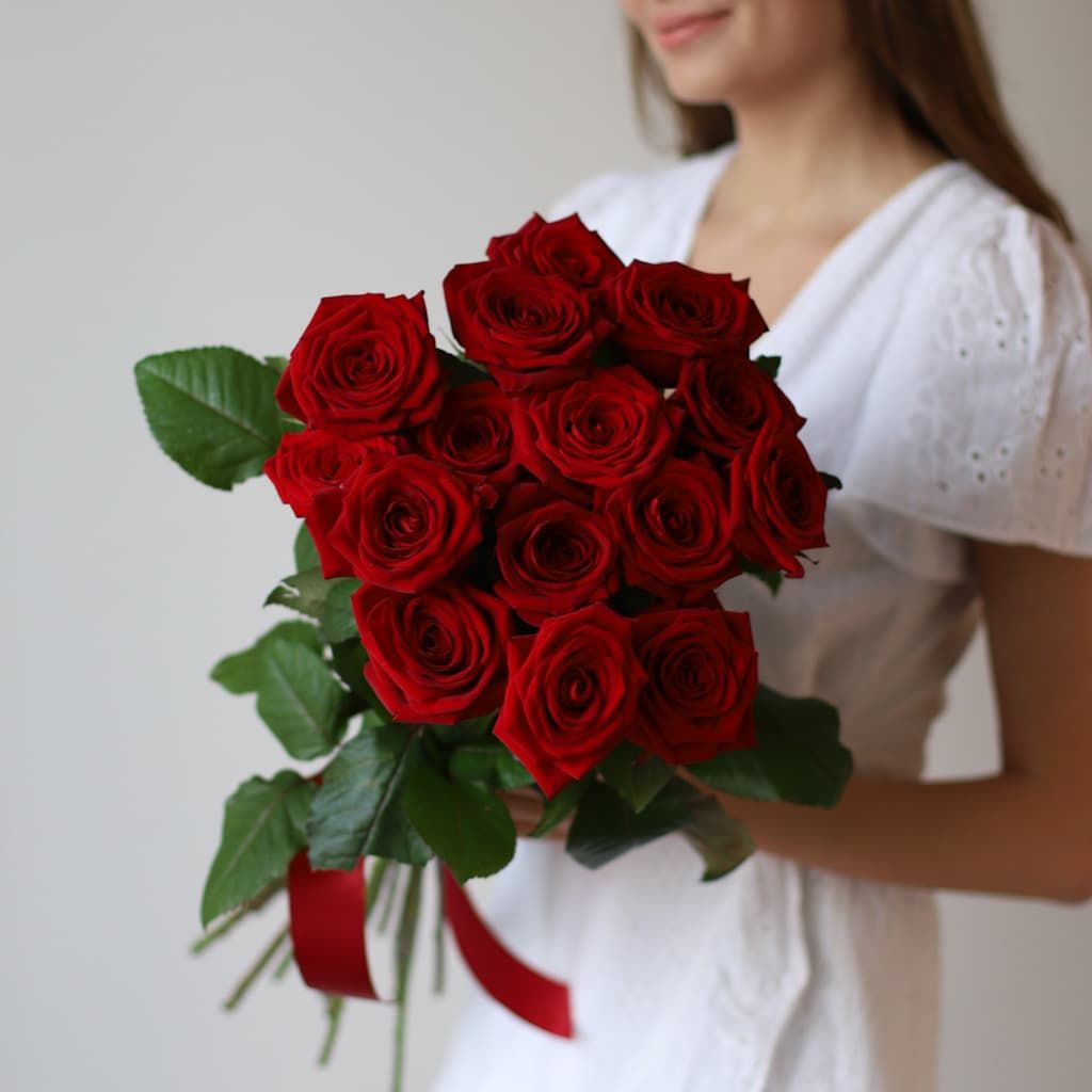 Красные розы в ленту (15 шт) №1548 - Фото 1
