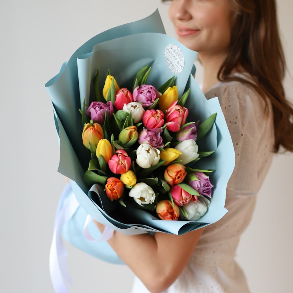 Микс тюльпанов в голубом оформлении (25 шт) №1571 - Фото 2