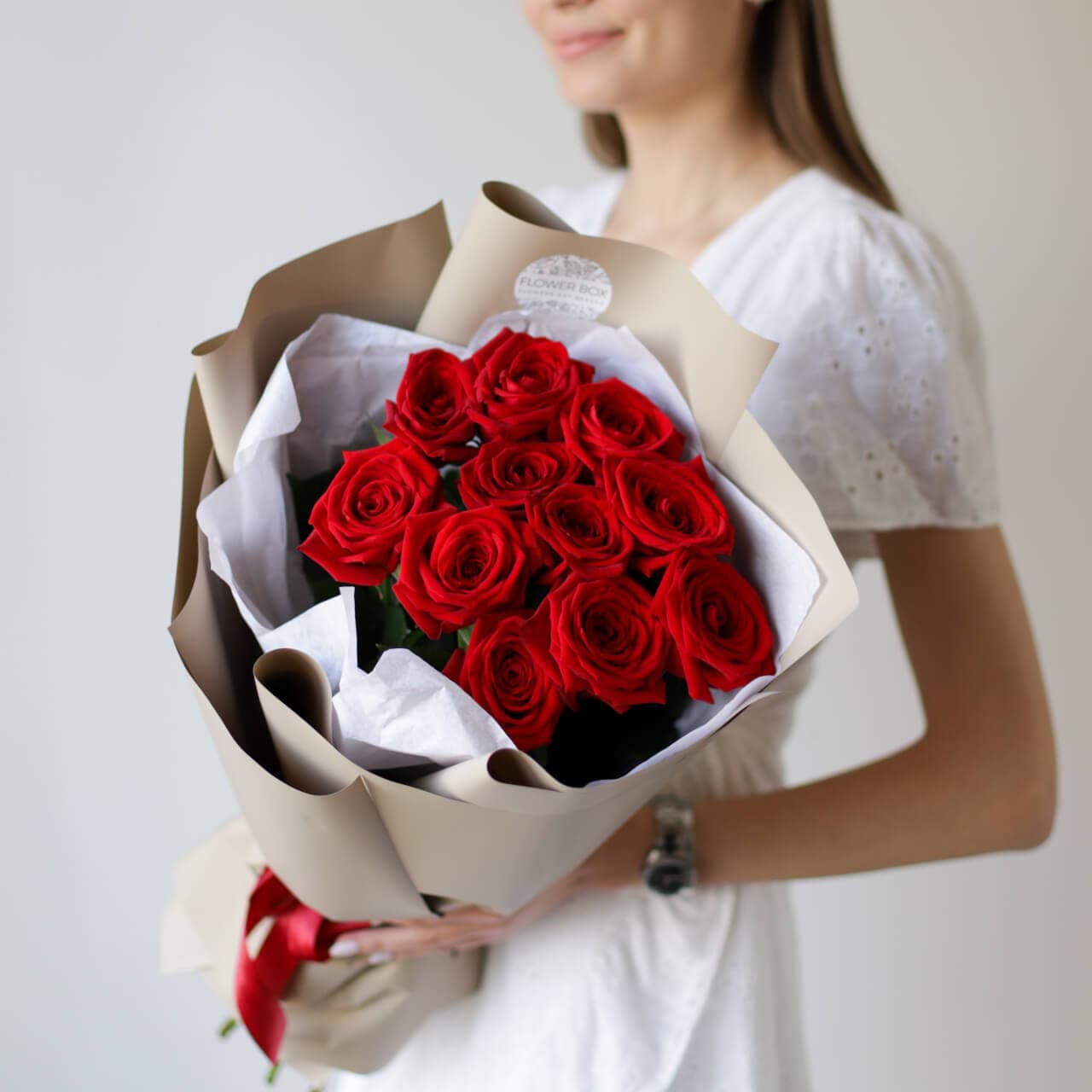 Красные розы в бежевом оформлении (11 шт) №1440 - Фото 44