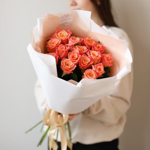 Оранжевые розы в белом оформлении (15 шт) №1312 - Фото 43