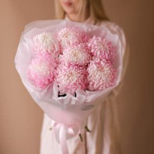 Нежно-розовые одноголовые хризантемы в оформлении (7 шт) №1797 - Фото 3
