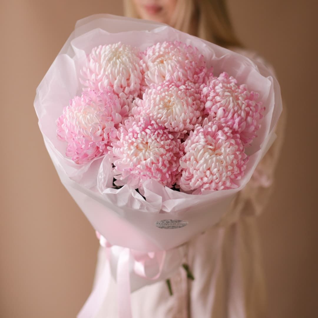 Нежно-розовые одноголовые хризантемы в оформлении (7 шт) №1797 - Фото 2