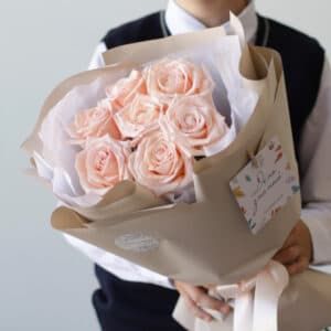 Нежно-розовые розы в нежном оформлении (7 шт) №1770 - Фото 4