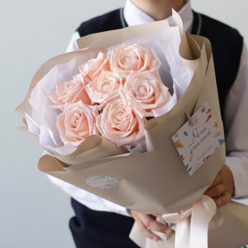 Нежно-розовые розы в нежном оформлении (7 шт) №1770 - Фото 2