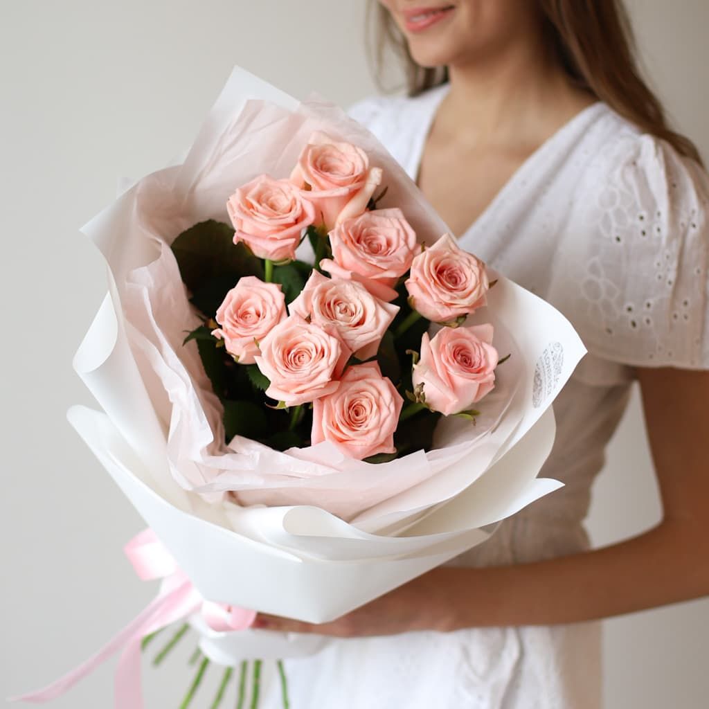Нежно-розовые розы в нежном оформлении (9 шт) №1546 - Фото 82