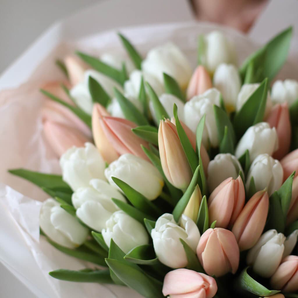Нежные тюльпаны голландские в белом оформлении (51 шт) №1597 - Фото 2