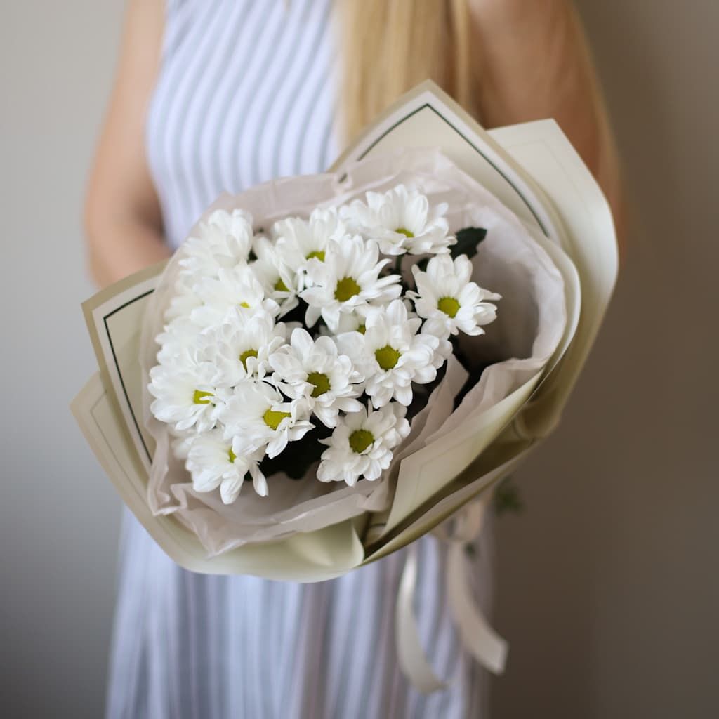 Хризантемы белые ромашковые в стильном оформлении (5 шт) №1409 - Фото 1